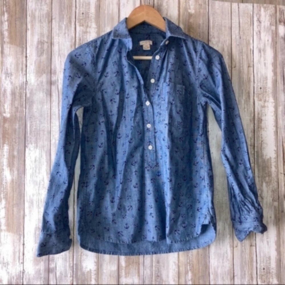 J.Crew Chambray Anchor Popover Shirt XXS Blue Nautical Cotton Top